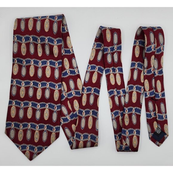 JoS A. Banks Necktie Tie Geometric Maroon Blue Silk 4" Wide 58" Long - Picture 1 of 5